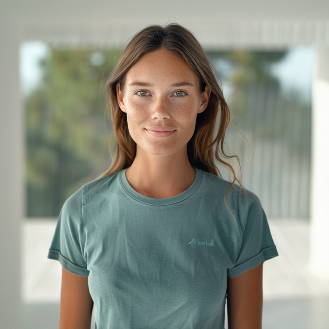 A young woman with long, wavy hair wearing a light blue t-shirt, smiling softly while standing in a bright, airy setting with blurred background elements.