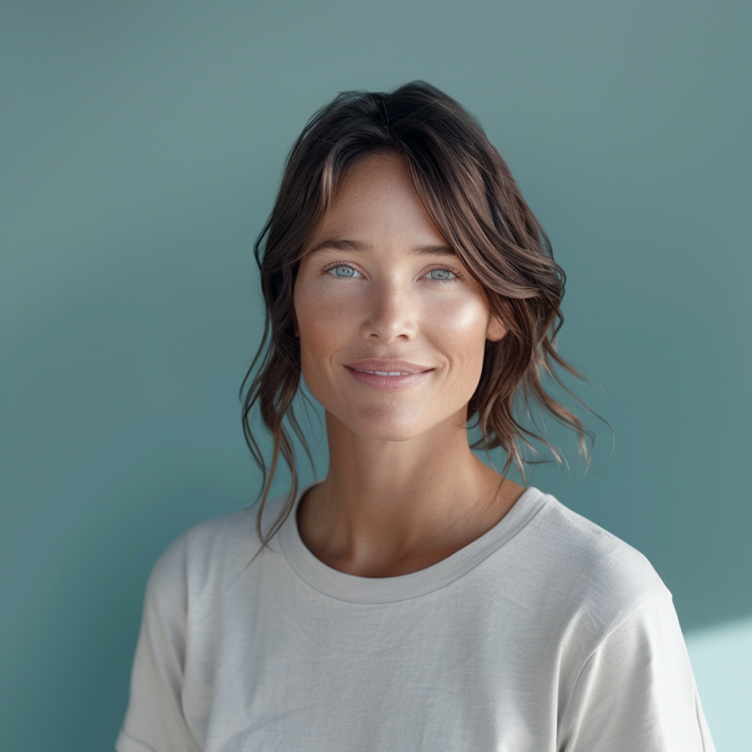 A smiling woman with long, wavy brown hair and bright blue eyes, wearing a light-colored t-shirt, stands against a soft teal background.