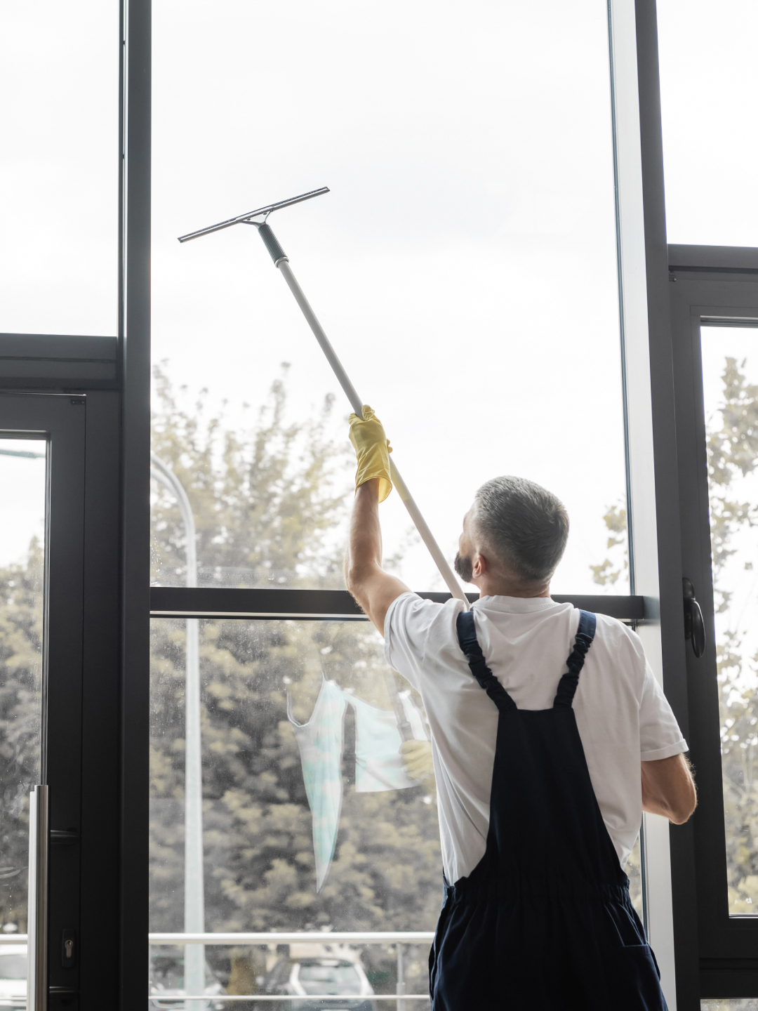 A person wearing a white shirt and blue overalls is cleaning a large window with a squeegee, standing indoors. They are using a yellow rubber glove on one hand and reaching up to clean the upper part of the window.